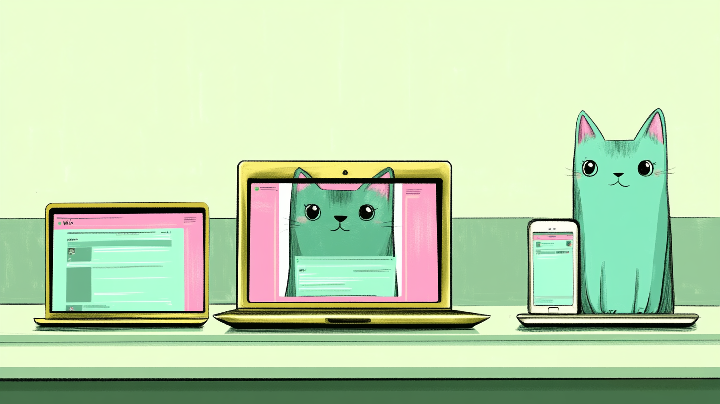 Flat-style illustration of three devices (laptop, tablet, and mobile phone) displaying websites on different platforms labeled as 'WordPress', 'Wix', and 'Squarespace.' Use soft blues and neutral grays, with Tuba's green-tinged gold accent colors, and include a small cat mascot subtly peeking out from behind one of the devices. The devices should have a matte texture with slight gloss highlights to emphasize sleekness and modernity.