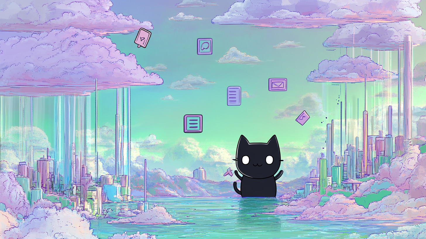 Illustration of the cat mascot in a futuristic city with tech icons in the sky.