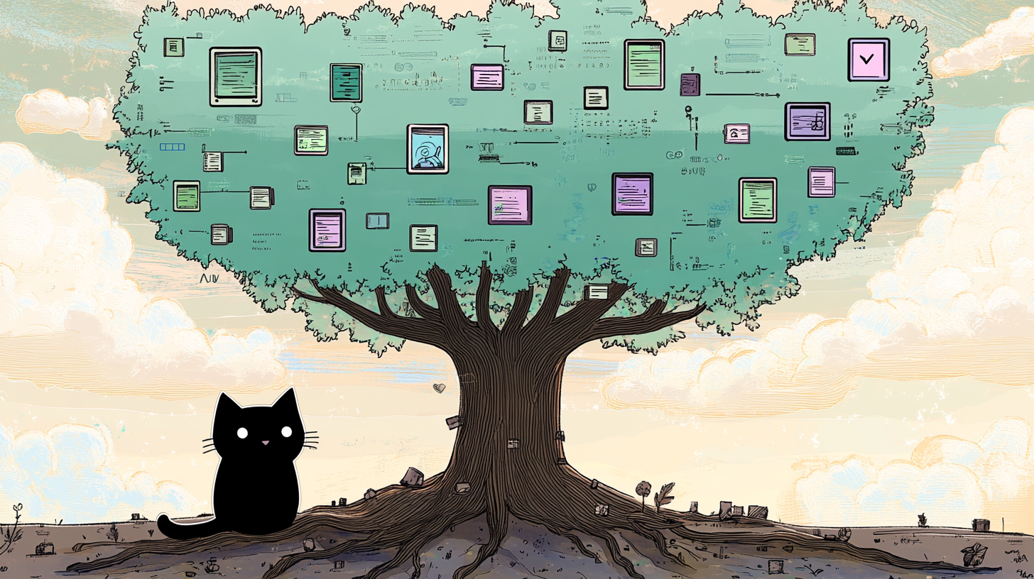 Illustration of a tree with data node leaves symbolizing growth, extending to icons for community, analytics, and AI-driven interactions, rooted in a base.