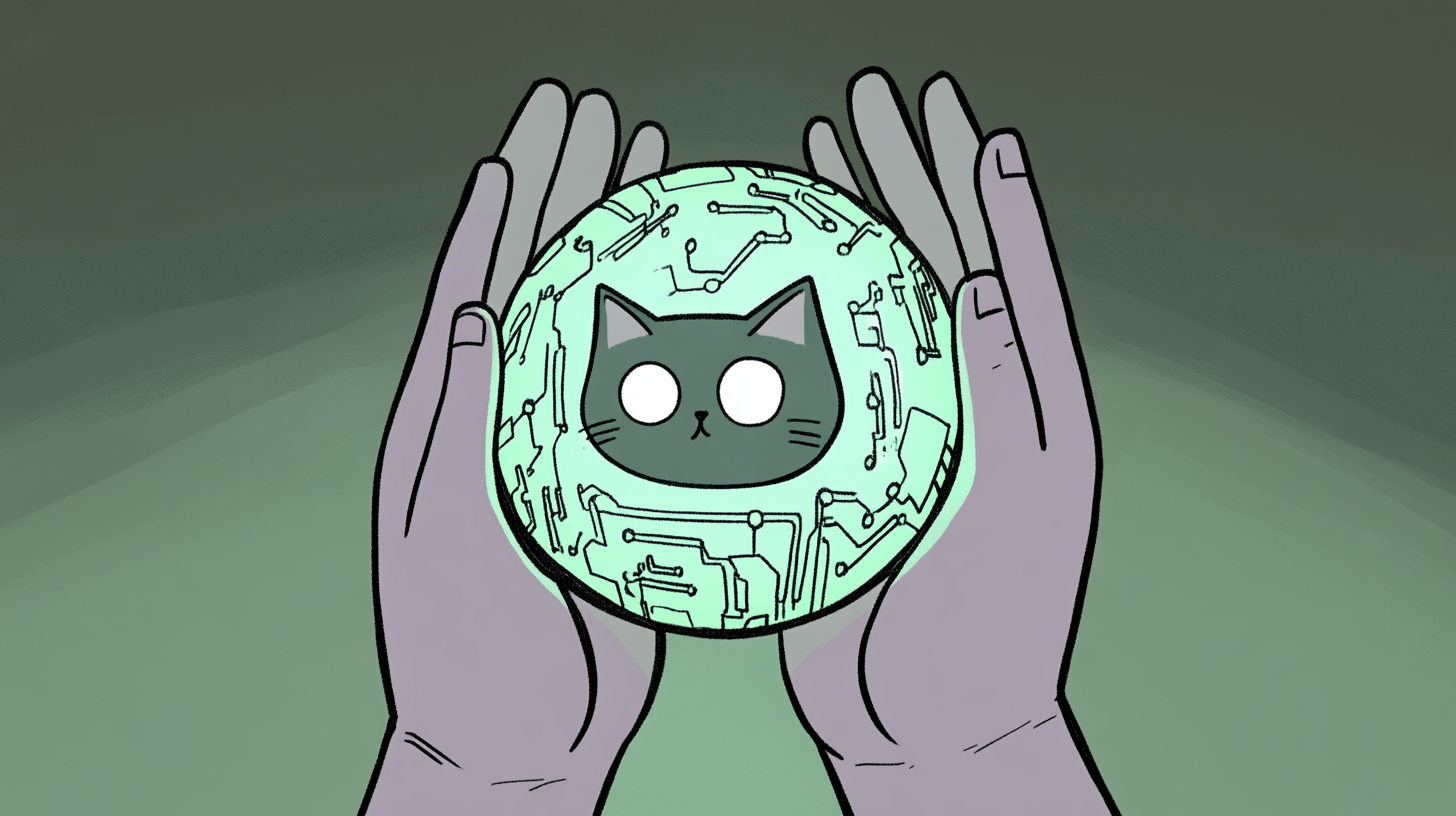 Illustration of two hands holding a glowing orb with digital circuits, and a small cat mascot perched on one hand, symbolizing technological support and impact.