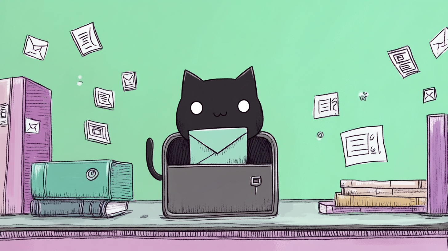 Illustration of the cat mascot holding an envelope.